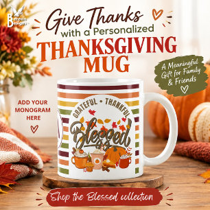 Caneca De Café Grateful Thankful BLESSED Listras de Outono Monogr