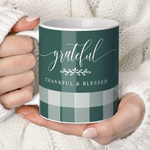 Caneca De Café Grateful Thankful Blessed Xadrez Verde e Branco