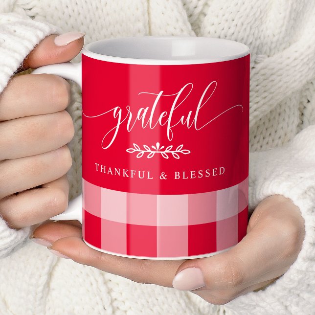 Caneca De Café Grateful Thankful Blessed Xadrez Vermelho e Branco (Criador carregado)