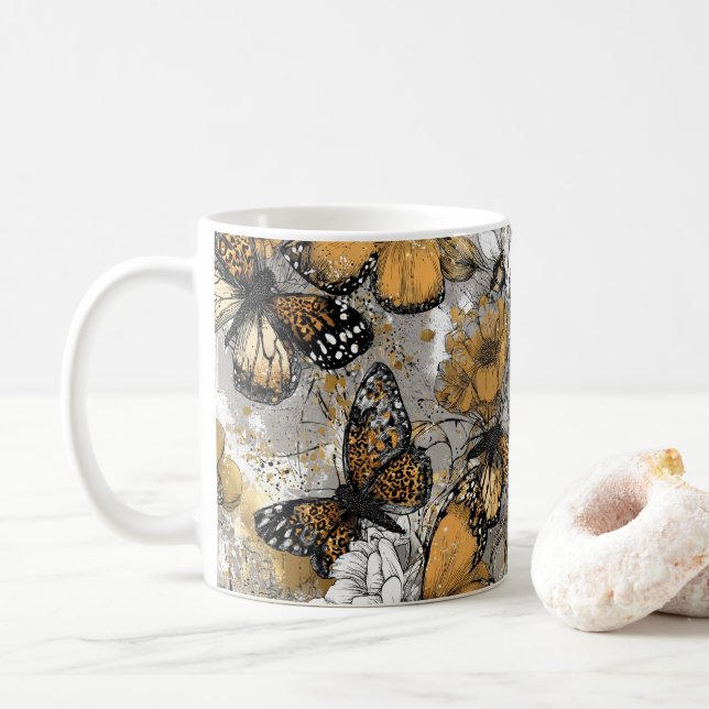 Caneca De Café Gray White Gold Floral Butterflies Elegant (Com Donut)