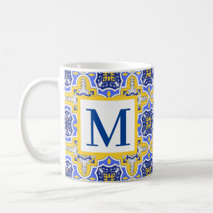 Caneca De Café Grecian Português Azul e azulejos amarelos azul
