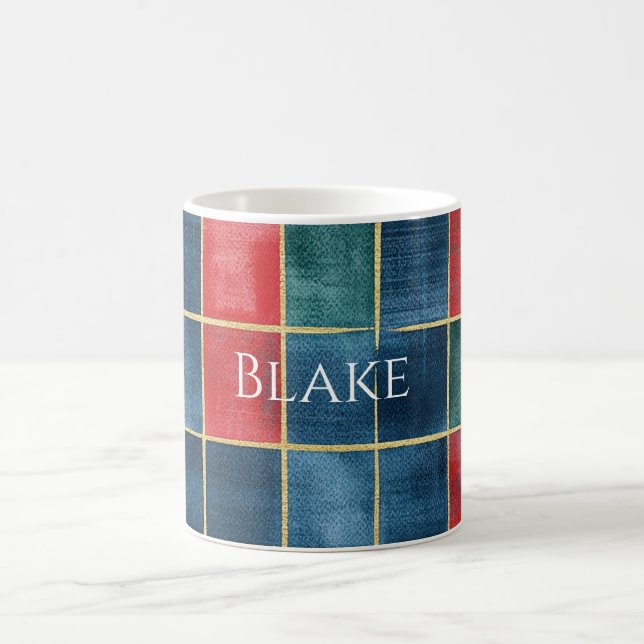 Caneca De Café Green Blue Red Gold Plaid Stripes (Centro)