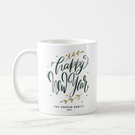 Caneca De Café Green Happy New Year Modern Calligraphy Wreath