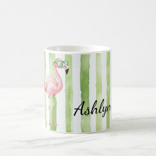Caneca De Café Green Pink Strips Flamingo Birthday