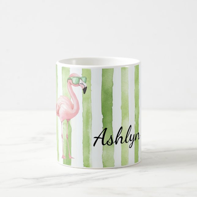 Caneca De Café Green Pink Strips Flamingo Birthday (Centro)