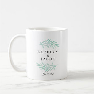 Caneca De Café Greenery Mint Watercolor Casamento Personalizado