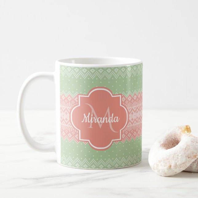 Caneca De Café Grelha e nome do Knit Verde Rosa Cinza (Com Donut)