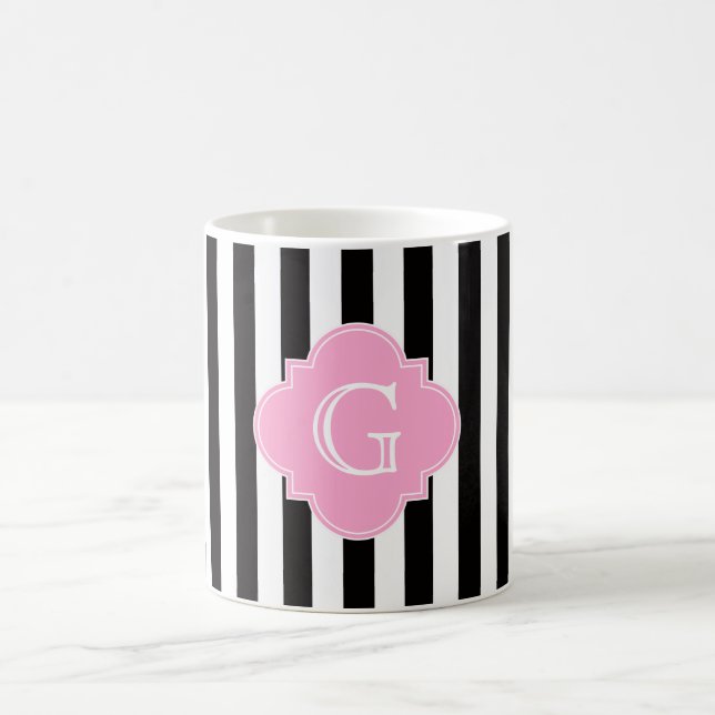 Caneca De Café Greve Branca Preta, Monograma de Quatrefoil Rosa (Centro)