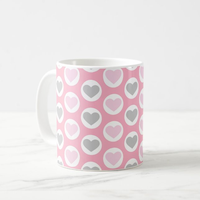 Caneca De Café Grey and Pink Hearts Coffee Cup Valentine's Mug (Frente Esquerda)