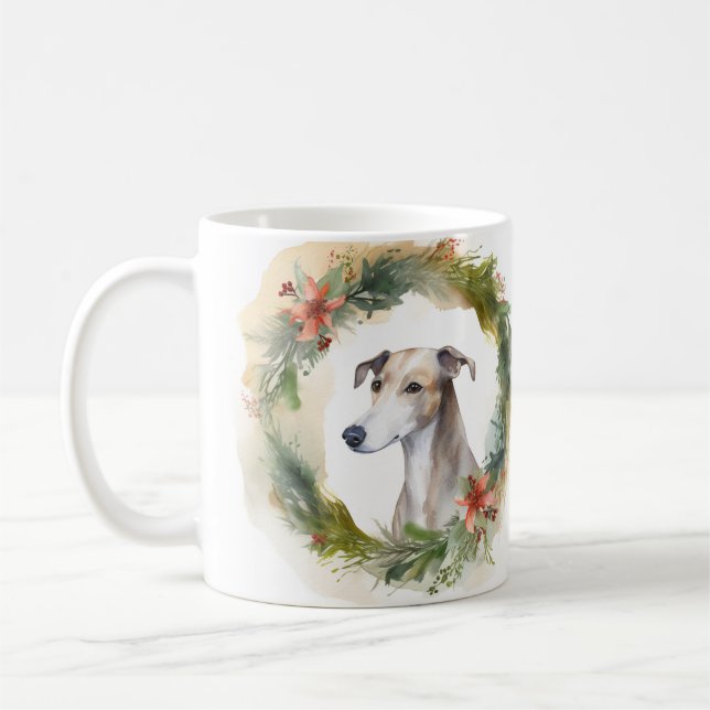 Caneca De Café Greyhound Christmas Wreath Festivo Pup (Esquerda)