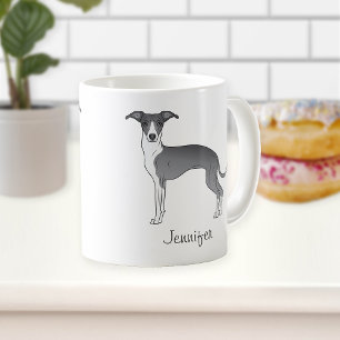 Caneca De Café Greyhound Italiano Azul E Branco Com Nome Personal