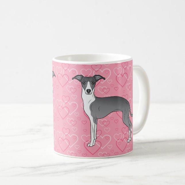 Caneca De Café Greyhound Italiano Azul E Branco Em Corações Rosa (Frente Esquerda)