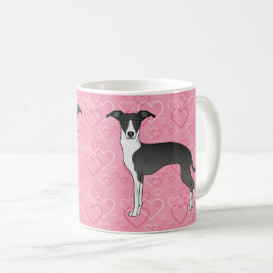 Caneca De Café Greyhound Italiano Negro E Branco Em Corações Rosa