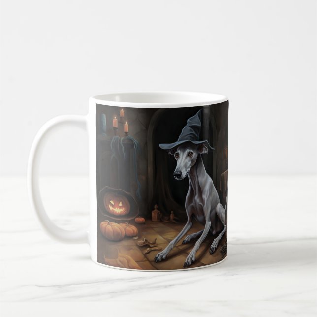 Caneca De Café Greyhound Pumpkins Halloween Assustado (Esquerda)