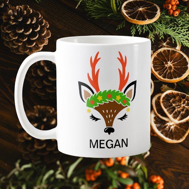 Caneca De Café Grinalda de Festas com Antílope Natal Rena Face (Festive Berry Wreath Holiday Antlers Reindeer Face Coffee Mug
)