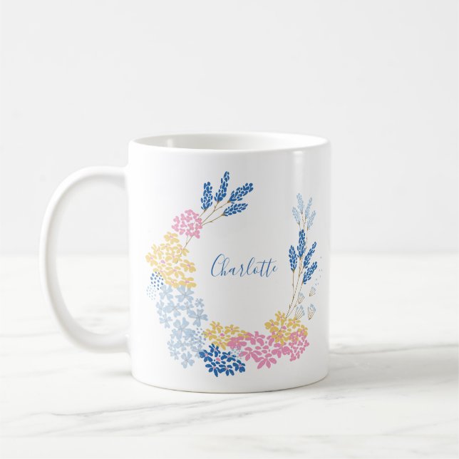 Caneca De Café Grinalda de Flores Rosa e Azul Personalizada Fofa (Esquerda)
