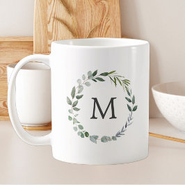 Caneca De Café Grinalda de Folhas Verde-Salvia com Monograma em A