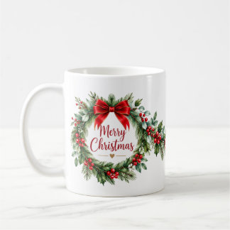 Caneca De Café Grinalda de Natal com Laço Vermelho Café Clássico
