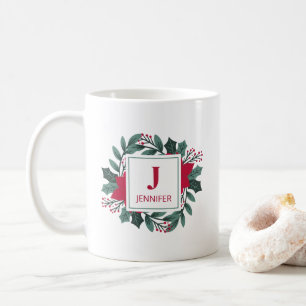 Caneca De Café Grinalda de Natal Monograma Inicial Vermelho Elega