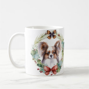 Caneca De Café Grinalda de Natal Papillon Cãozinho Festivo