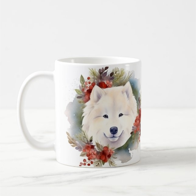 Caneca De Café Grinalda de Natal Samoyed Pupila Festiva (Esquerda)