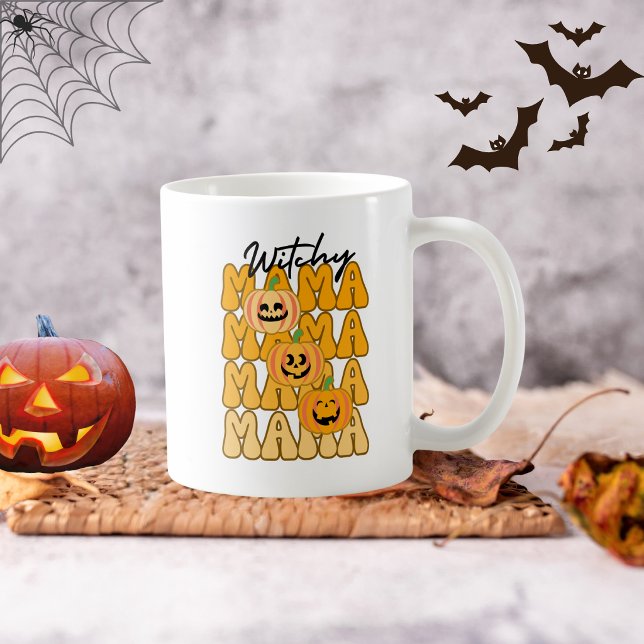 Caneca De Café Groovy Halloween Mãe Bruxa Divertida Cores de Outo (Criador carregado)