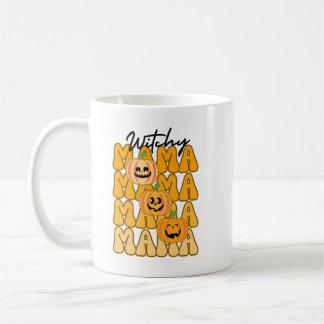 Caneca De Café Groovy Halloween Mãe Bruxa Divertida Cores de Outo