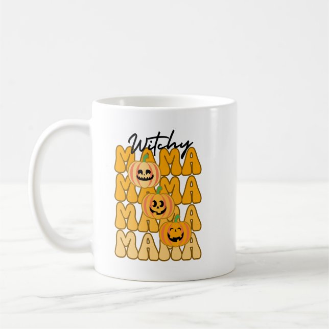 Caneca De Café Groovy Halloween Mãe Bruxa Divertida Cores de Outo (Esquerda)