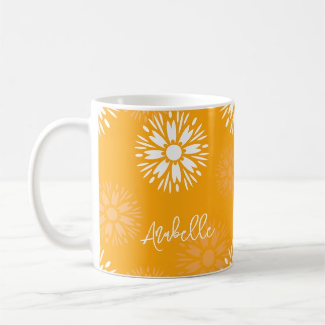Caneca De Café Groovy Orange Daisy Flower Nome Retro Floral (Esquerda)
