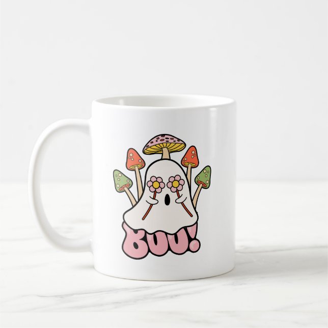 Caneca De Café Groovy Retro Mashroom Halloween Boo Ghost Cute (Esquerda)