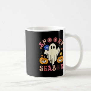 Caneca De Café Groovy Spooky Season Cute Ghost Segurando Pumpkin 
