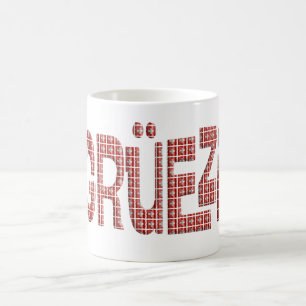 Caneca De Café Grüezi com uma sobreposição de bandeiras suíças.