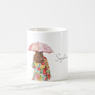 Caneca De Café Guarda-chuva Cor-de-rosa Floral Vermelho Bonito