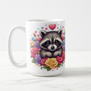 Caneca De Café Guaxinim Fofo com Flores Coloridas e Corações