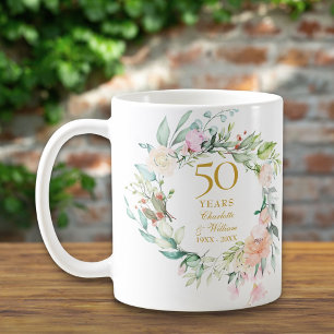Caneca De Café Guirlanda de Aquarela de Rosa de Aniversário de 50