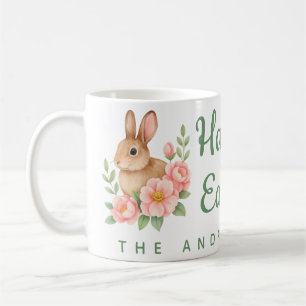 Caneca De Café Guirlanda Floral Rosa e Bege em Aquarela Páscoa