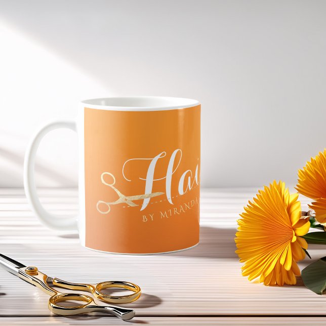 Caneca De Café Hairstylist Makeup Salon Chic Orange Tesoura Doura (Criador carregado)