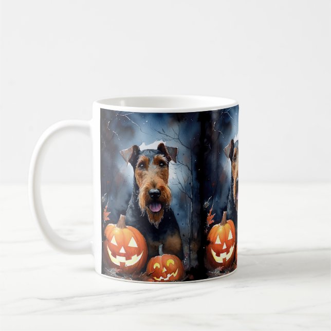 Caneca De Café Halloween Airedale Com Pumpkins Assustado (Esquerda)