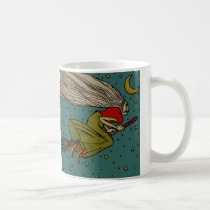 Caneca De Café Halloween Antigo, Bruxa Má Voadora em Vassoura
