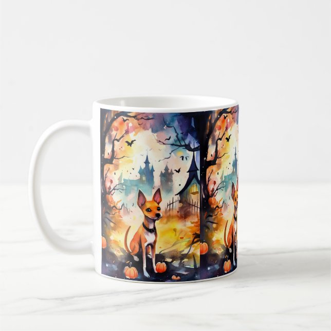 Caneca De Café Halloween Basenji Com Pumpkins Assustado (Esquerda)
