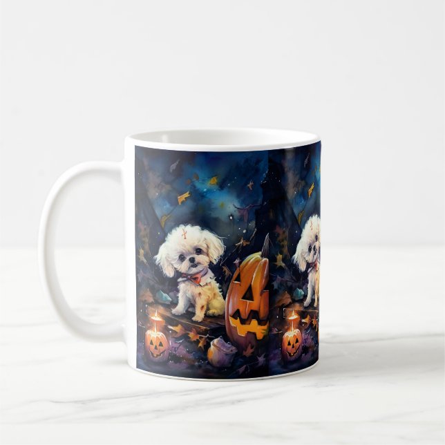 Caneca De Café Halloween Bichon Frise Com Pumpkins Assustado (Esquerda)