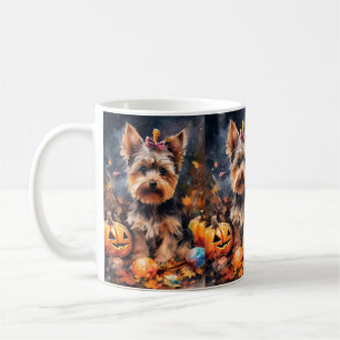 Caneca De Café Halloween Biewer Terrier Com Pumpkins Assustado