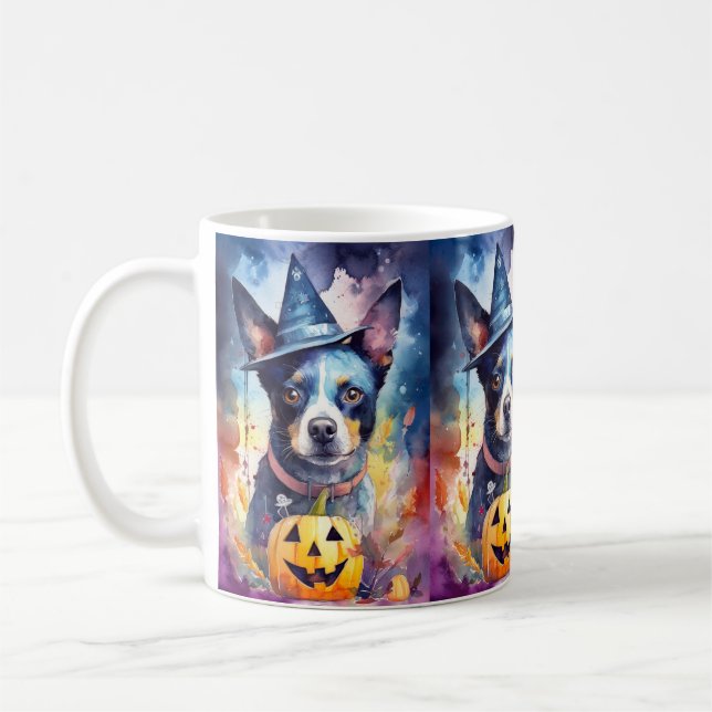 Caneca De Café Halloween Blue Heeler Com Pumpkins Assustado (Esquerda)
