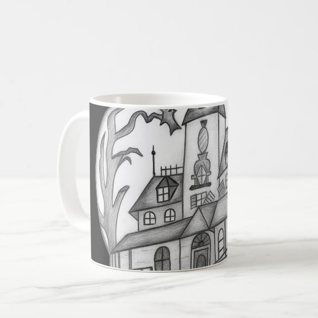 Caneca De Café Halloween, Casa Assombrada e Morcegos (Frente Esquerda)