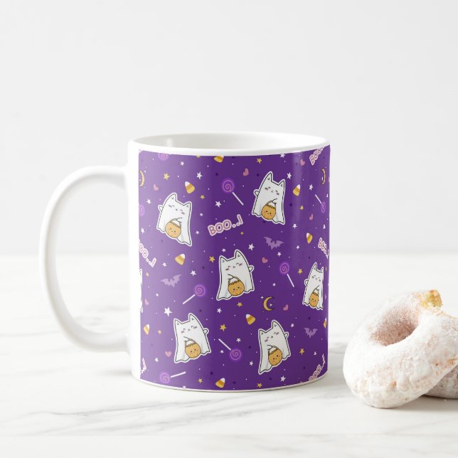 Caneca De Café Halloween Cat Ghost Coffee Mug (Com Donut)