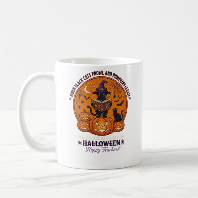 Caneca De Café Halloween Feliz Professor Gato Preto Bruxa Chapéu  (Esquerda)