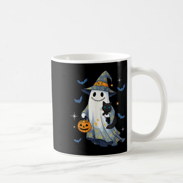 Caneca De Café Halloween Ghost Witch Holding Black Cat Funny Hall (Direita)