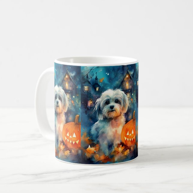 Caneca De Café Halloween Havanese Com Pumpkins Assustado (Frente Esquerda)