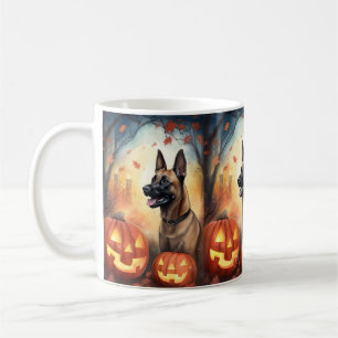 Caneca De Café Halloween Malinoi Belga Com Abóboras Assustador