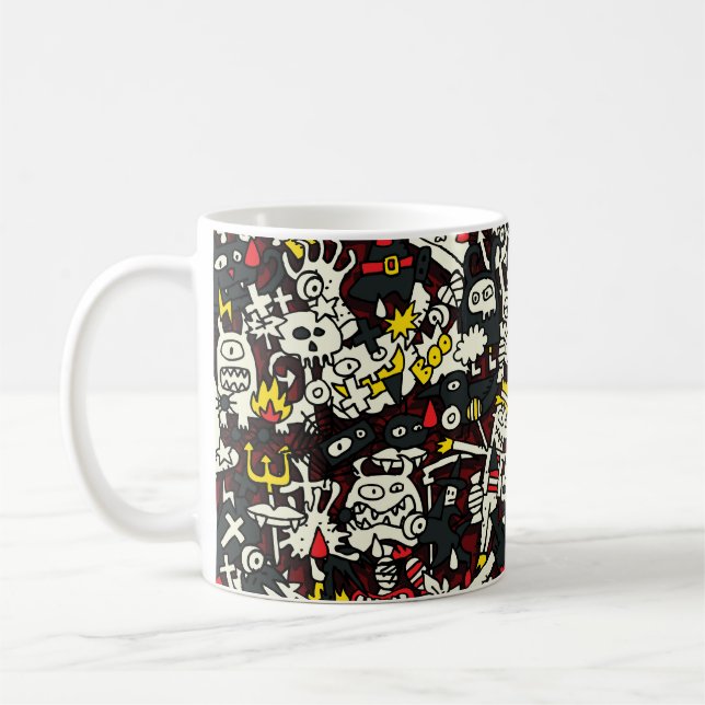 Caneca De Café Halloween Mini Doodle Vintage Patterno (Esquerda)